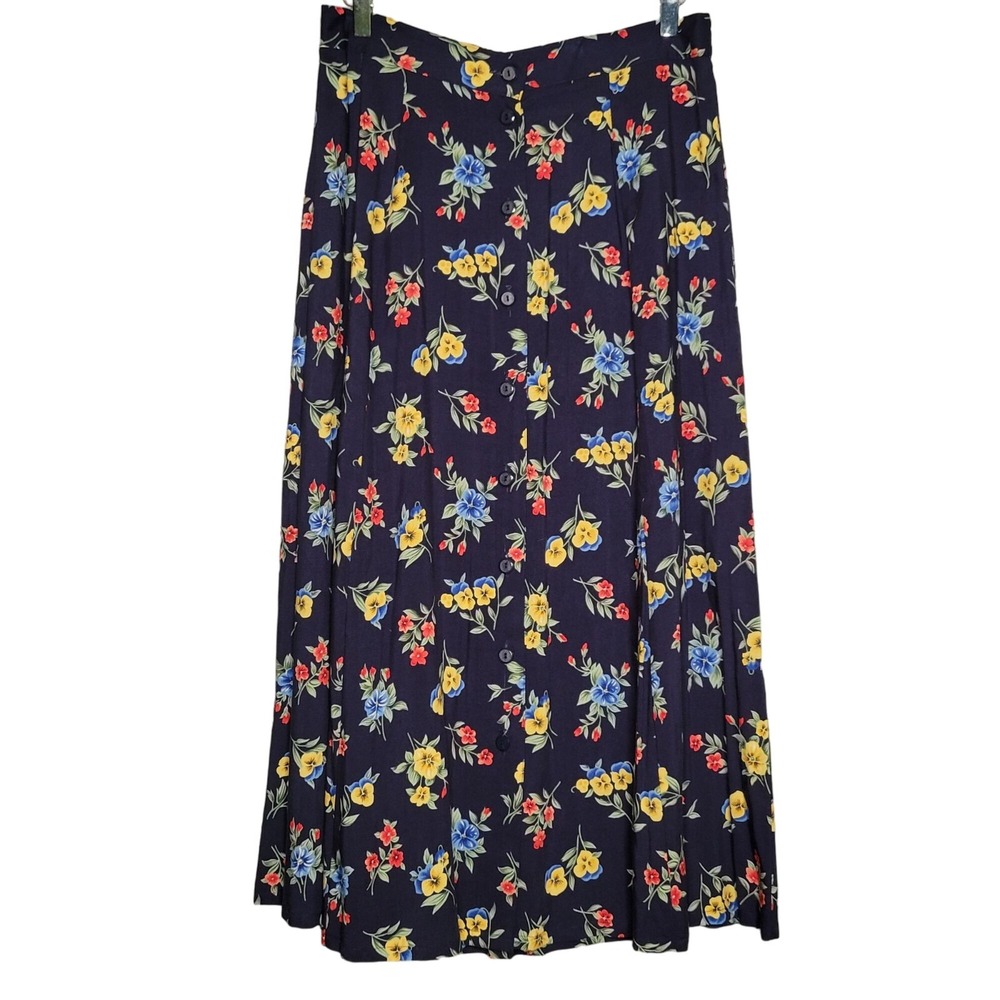 Vintage Cottagecore Modest Navy Blue Floral Button Front Midi Skirt Medium - Picture 2 of 5
